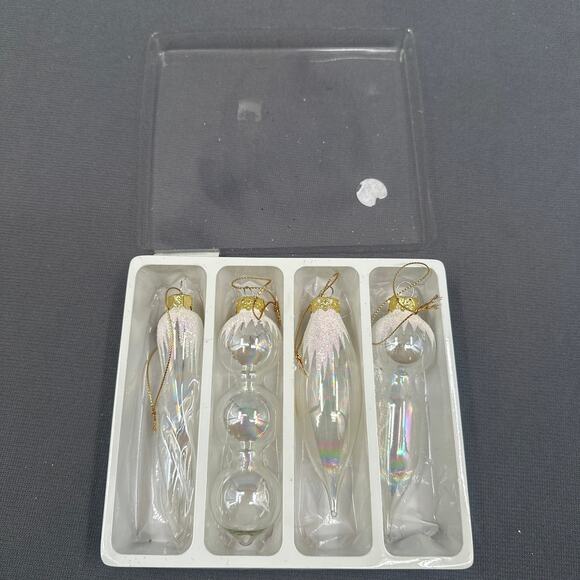 VTG Blown Glass Icicle Christmas Ornaments Clear Iridescent Glitter 4 pc Glam - Picture 13 of 15